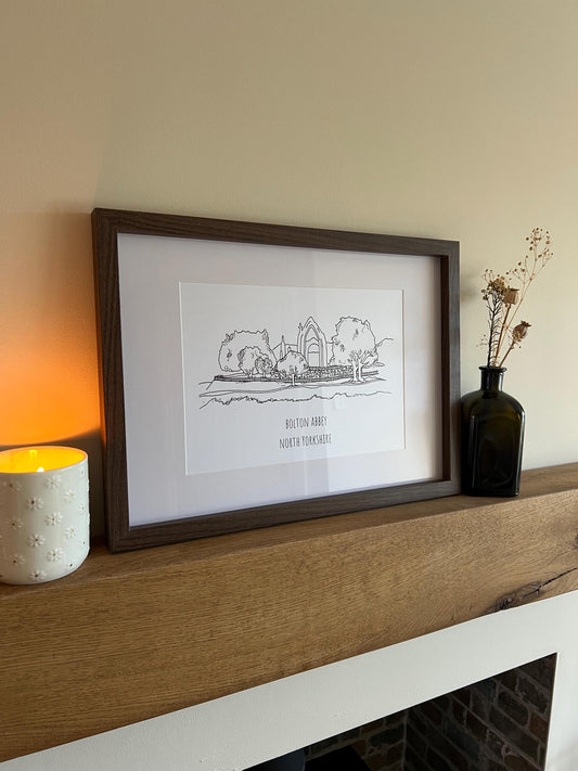 Bolton Abbey Print, Hand-Drawn Black Ink Yorkshire Landscape, Personalised Gift