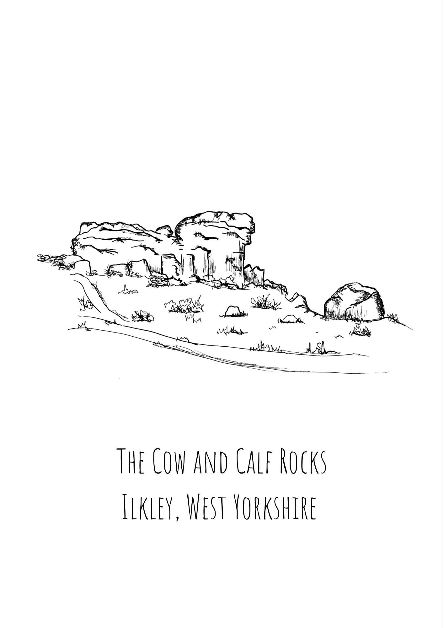 Cow and Calf, Ilkley Print, Hand-Drawn Black Ink Yorkshire Landscape, Personalised Gift
