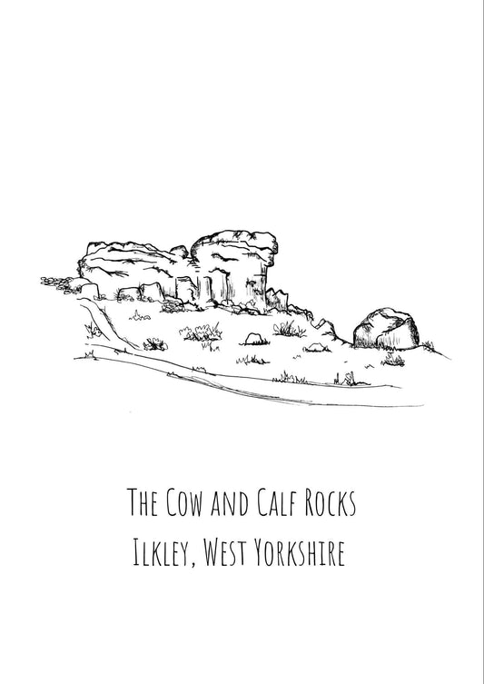 Cow and Calf, Ilkley Print, Hand-Drawn Black Ink Yorkshire Landscape, Personalised Gift