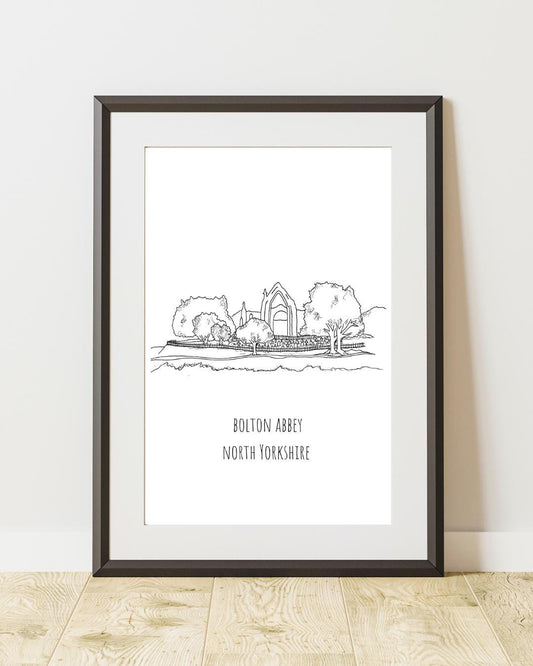 Bolton Abbey Print, Hand-Drawn Black Ink Yorkshire Landscape, Personalised Gift