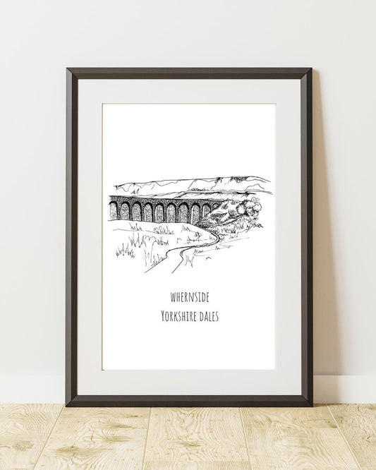 Whernside Yorkshire Dales Print, Hand-Drawn Black Ink Illustration, Personalized Gift