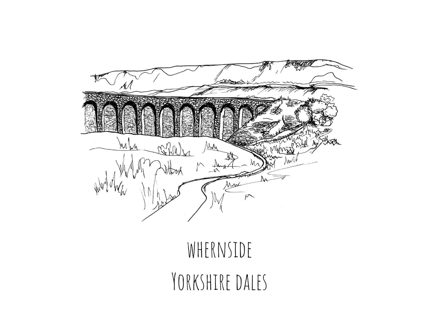 Whernside Yorkshire Dales Print, Hand-Drawn Black Ink Illustration, Personalized Gift