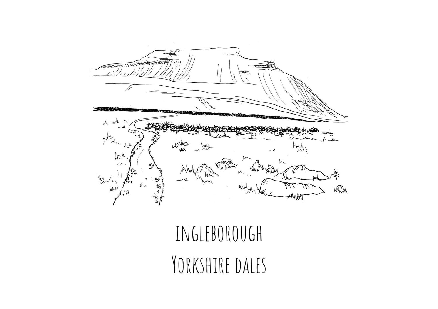 Ingleborough Yorkshire Dales Print, Hand-Drawn Black Ink Illustration, Personalized