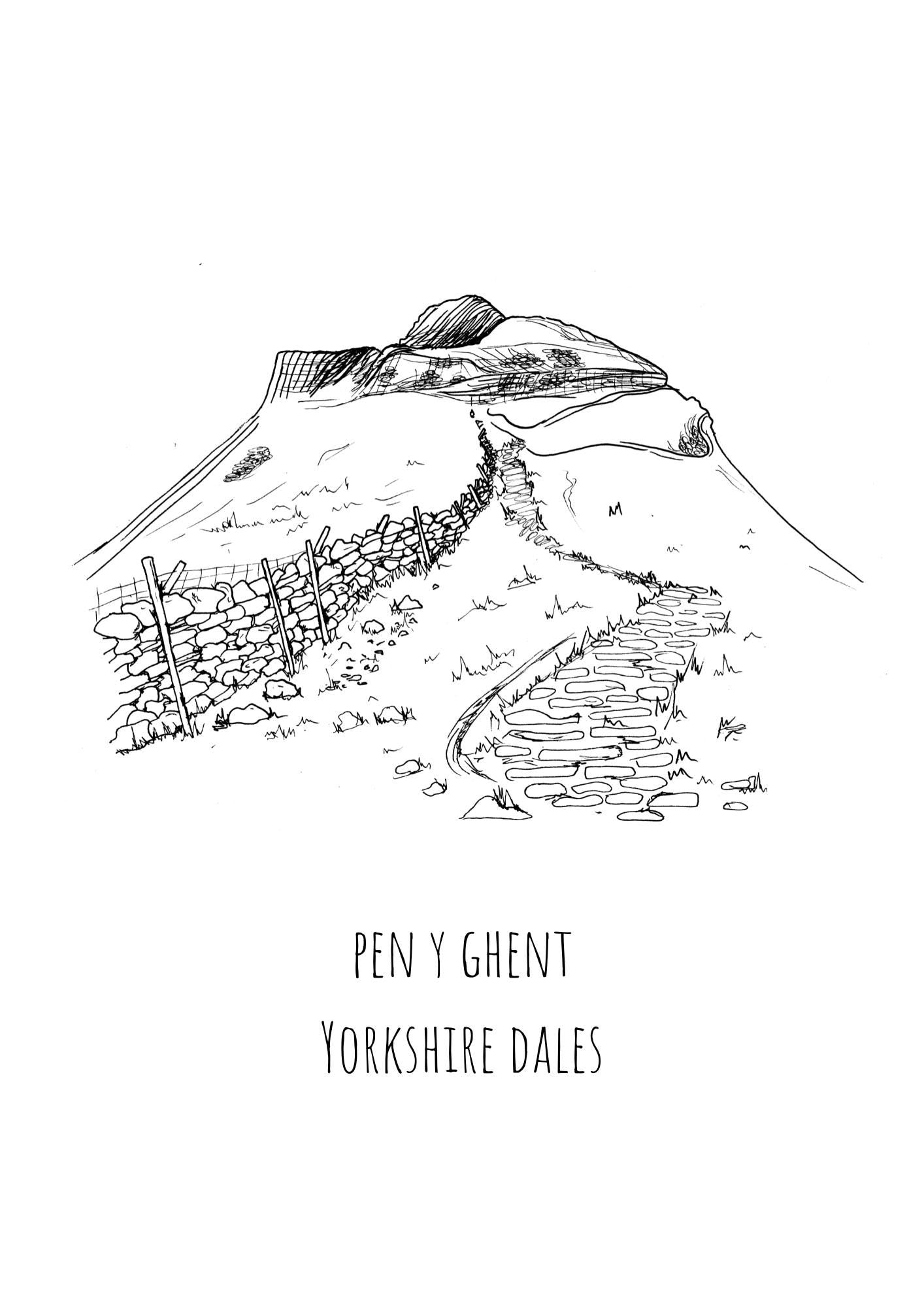 Pen-Y-Ghent Print, Hand-Drawn Black Ink Illustration, Yorkshire Dales Landscape, Personalised Gift