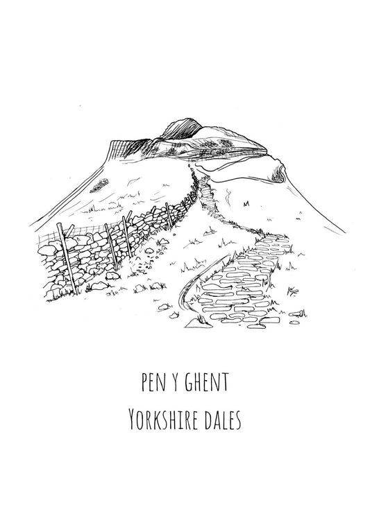 Pen-Y-Ghent Print, Hand-Drawn Black Ink Illustration, Yorkshire Dales Landscape, Personalised Gift