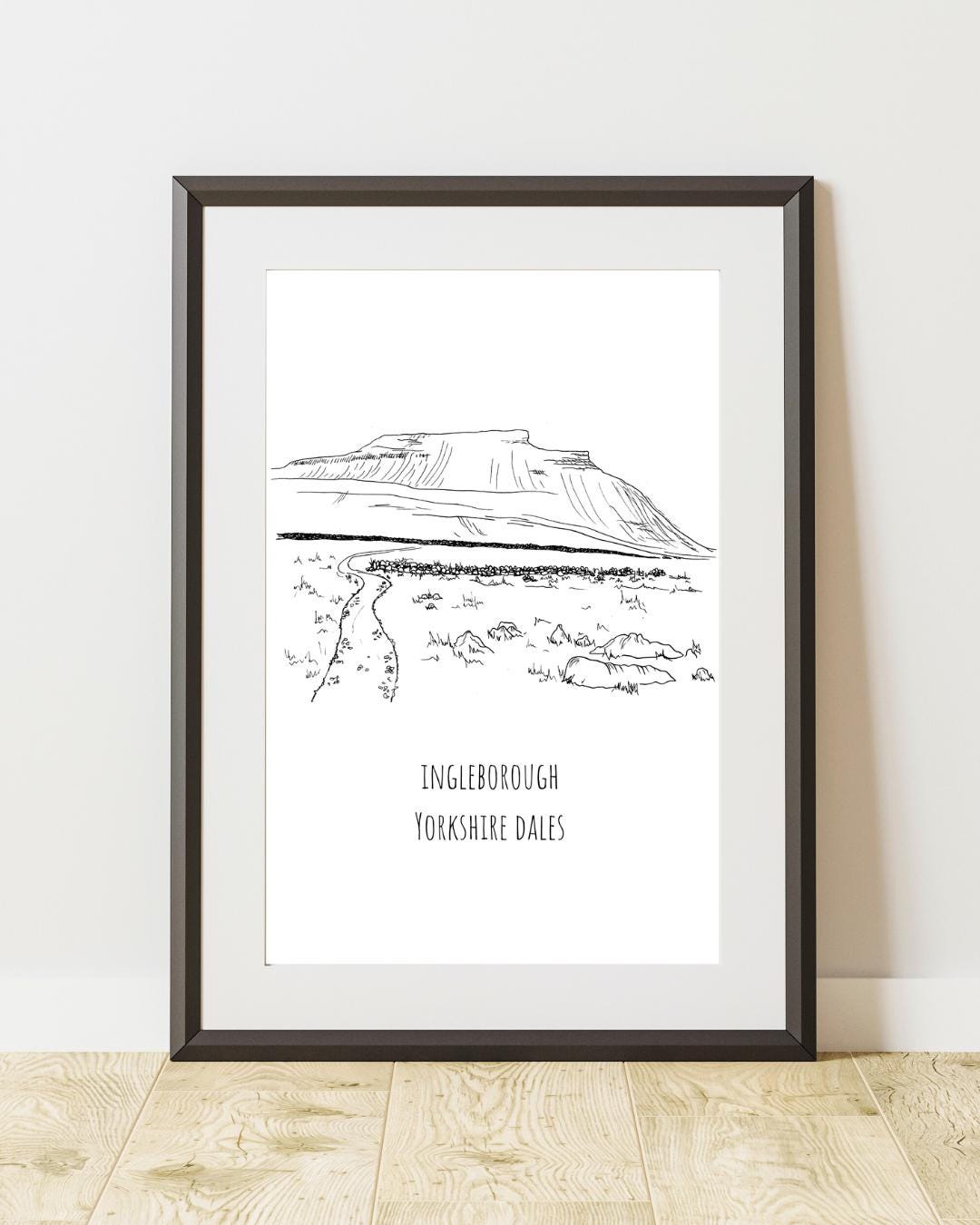 Ingleborough Yorkshire Dales Print, Hand-Drawn Black Ink Illustration, Personalized