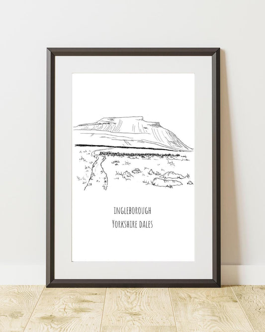 Ingleborough Yorkshire Dales Print, Hand-Drawn Black Ink Illustration, Personalized