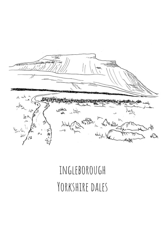Ingleborough Yorkshire Dales Print, Hand-Drawn Black Ink Illustration, Personalized