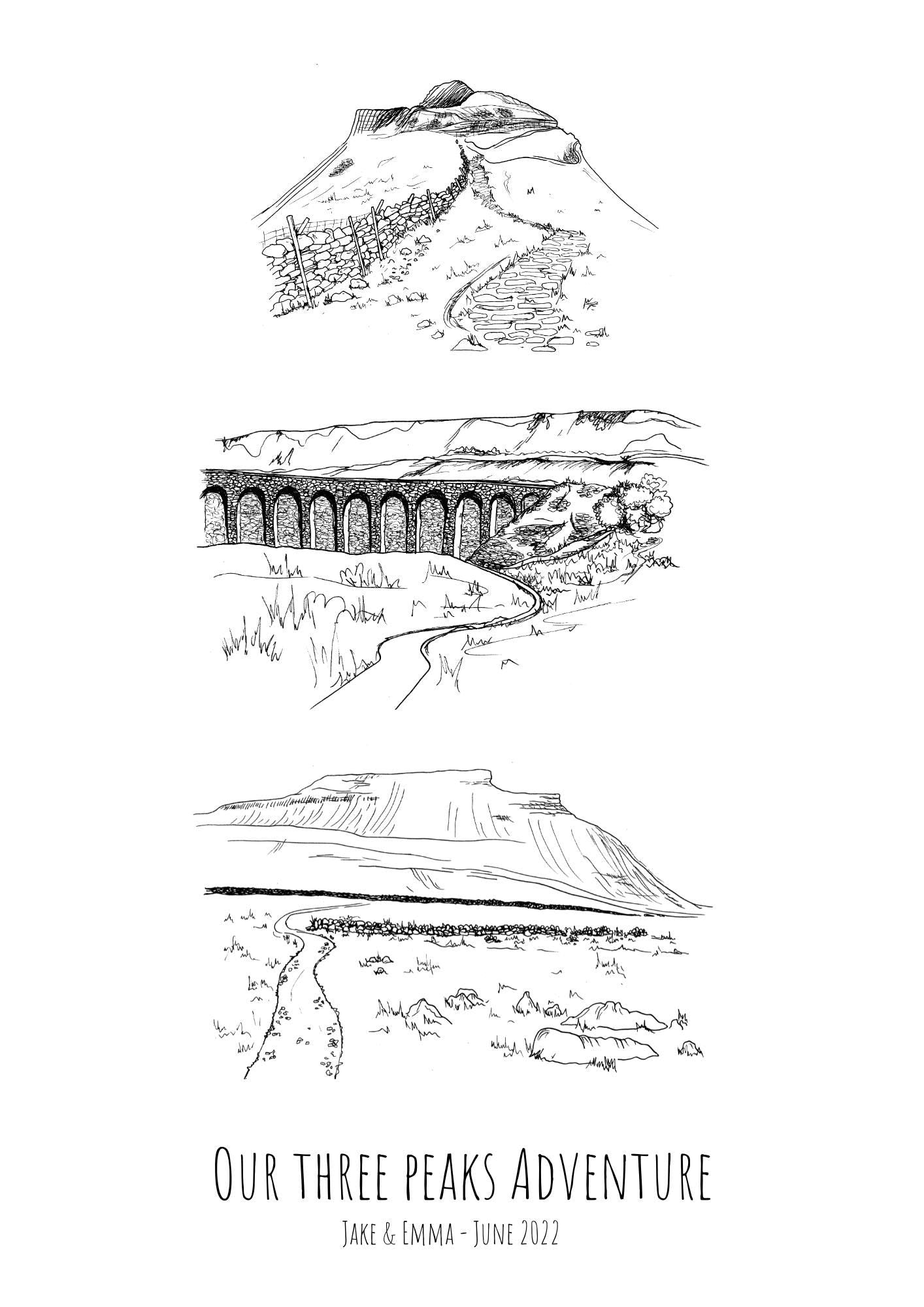 Yorkshire Three Peaks Print: Hand-Drawn Landscape Illustration, Personalized