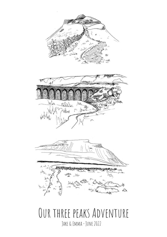 Yorkshire Three Peaks Print: Hand-Drawn Landscape Illustration, Personalized