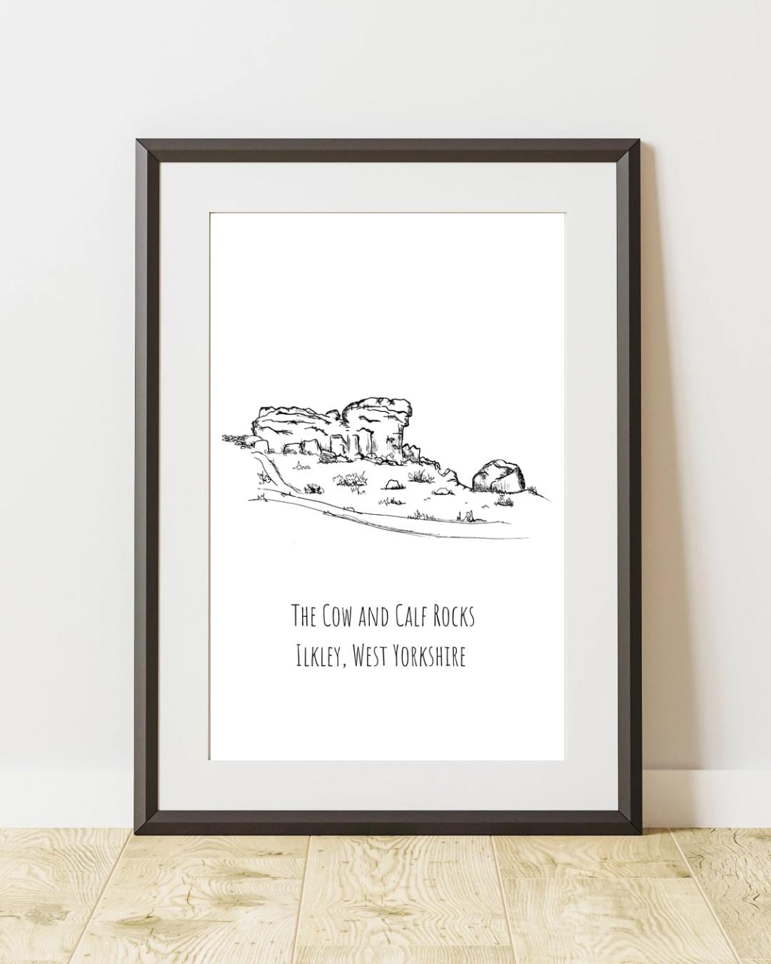 Cow and Calf, Ilkley Print, Hand-Drawn Black Ink Yorkshire Landscape, Personalised Gift