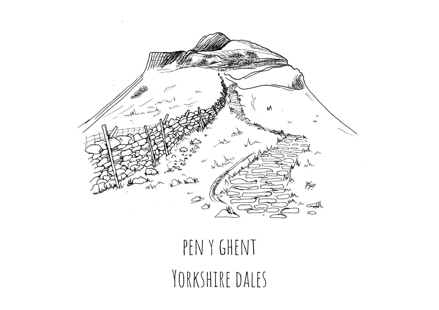 Pen-Y-Ghent Print, Hand-Drawn Black Ink Illustration, Yorkshire Dales Landscape, Personalised Gift